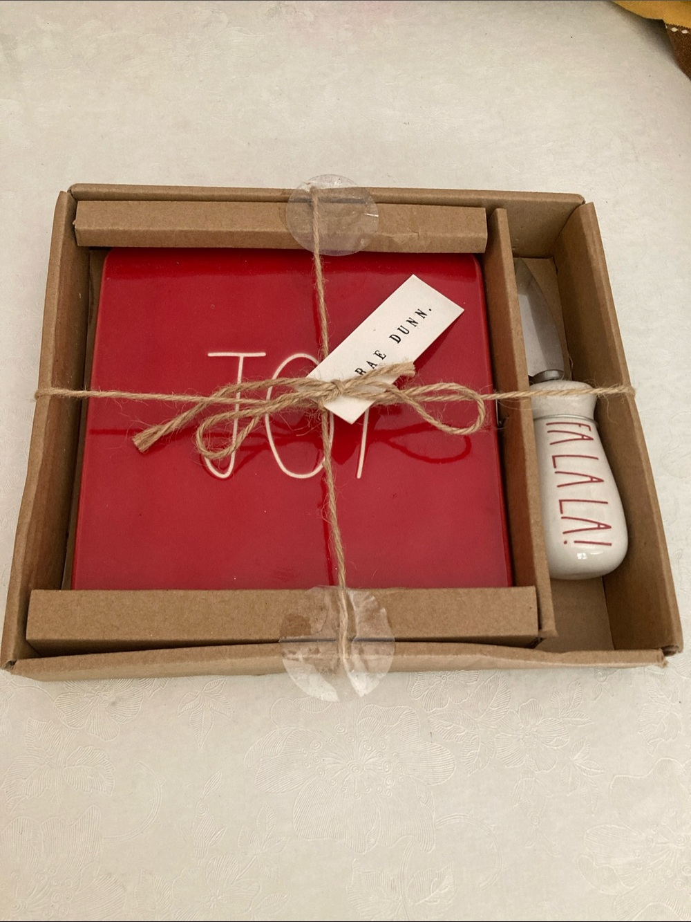 Rae Dunn "JOY" ceramic cheese plate w/ Fa La La! Spreader